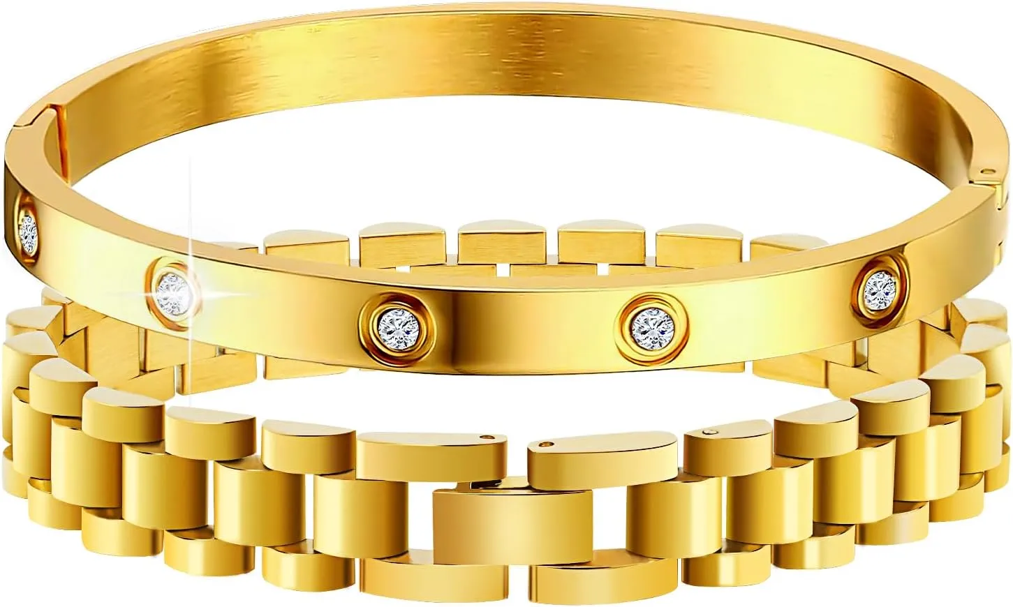 Stacked Bracelets for Women, Adjustable Watch Band Wristband and CZ Bangle Bracelet Stack, Thick Link Stainless Steel Non Tarnish Bracelets Fashion Jewelry Gifts