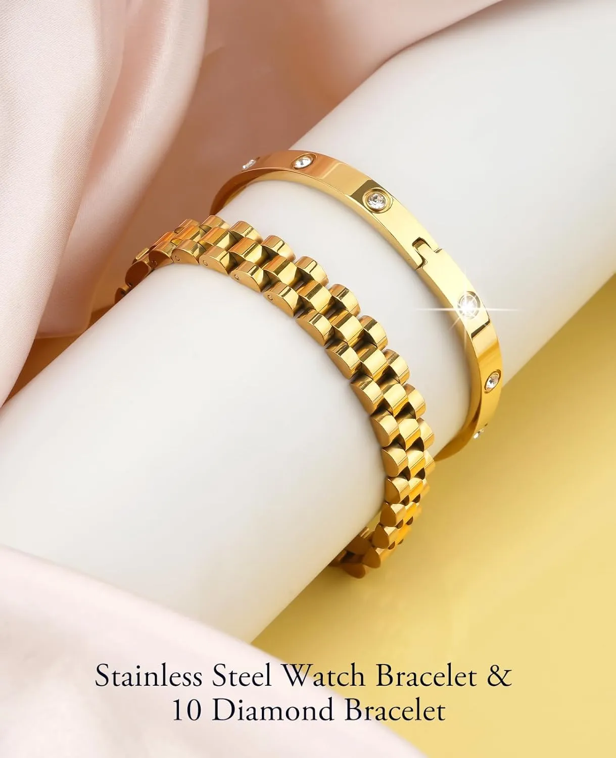 Stacked Bracelets for Women, Adjustable Watch Band Wristband and CZ Bangle Bracelet Stack, Thick Link Stainless Steel Non Tarnish Bracelets Fashion Jewelry Gifts