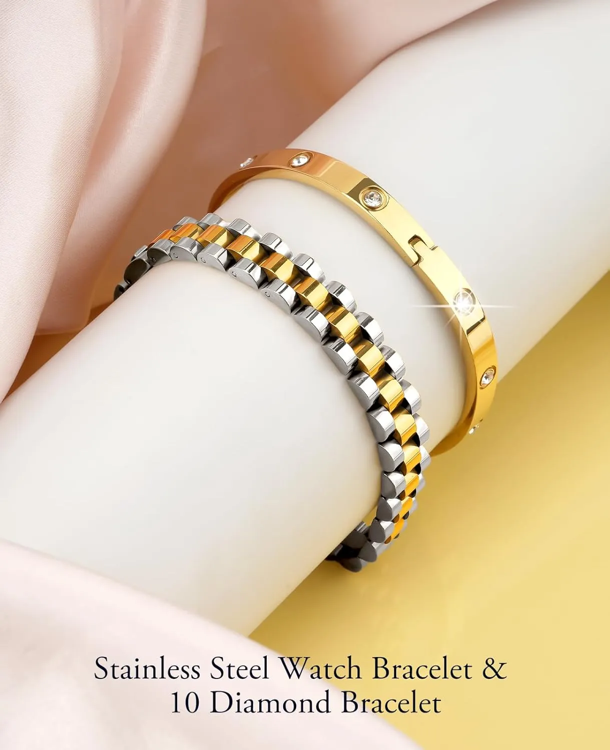 Stacked Bracelets for Women, Adjustable Watch Band Wristband and CZ Bangle Bracelet Stack, Thick Link Stainless Steel Non Tarnish Bracelets Fashion Jewelry Gifts
