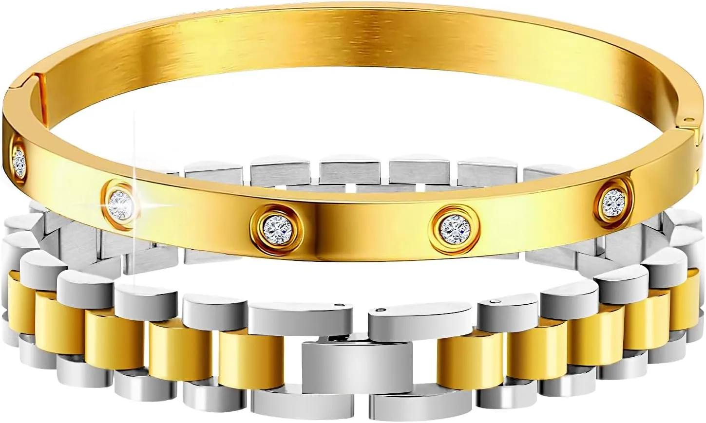Stacked Bracelets for Women, Adjustable Watch Band Wristband and CZ Bangle Bracelet Stack, Thick Link Stainless Steel Non Tarnish Bracelets Fashion Jewelry Gifts