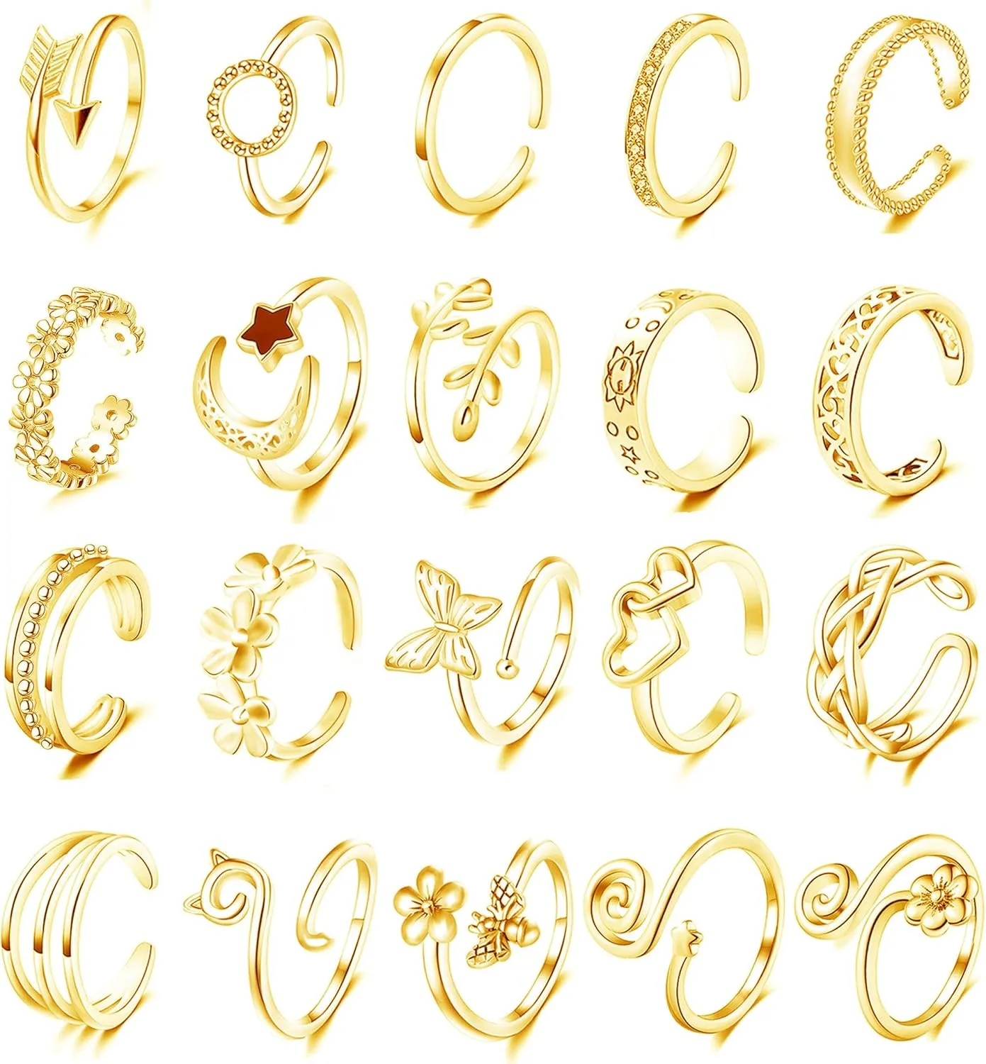 Staligue 20pcs Adjustable Toe Rings Set for Women Fingers Joint Tail Summer Beach Arrow Flower Open Rings Foot Jewelry