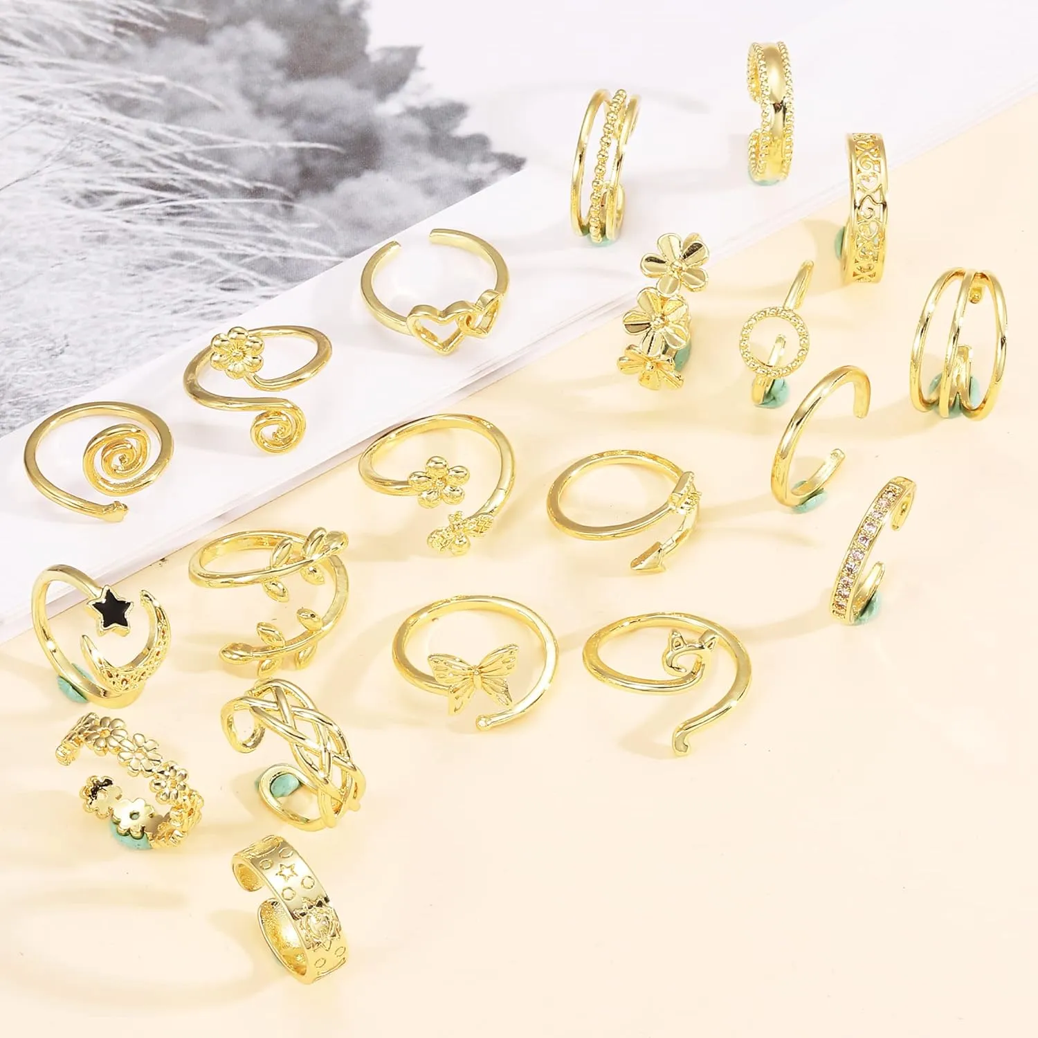Staligue 20pcs Adjustable Toe Rings Set for Women Fingers Joint Tail Summer Beach Arrow Flower Open Rings Foot Jewelry