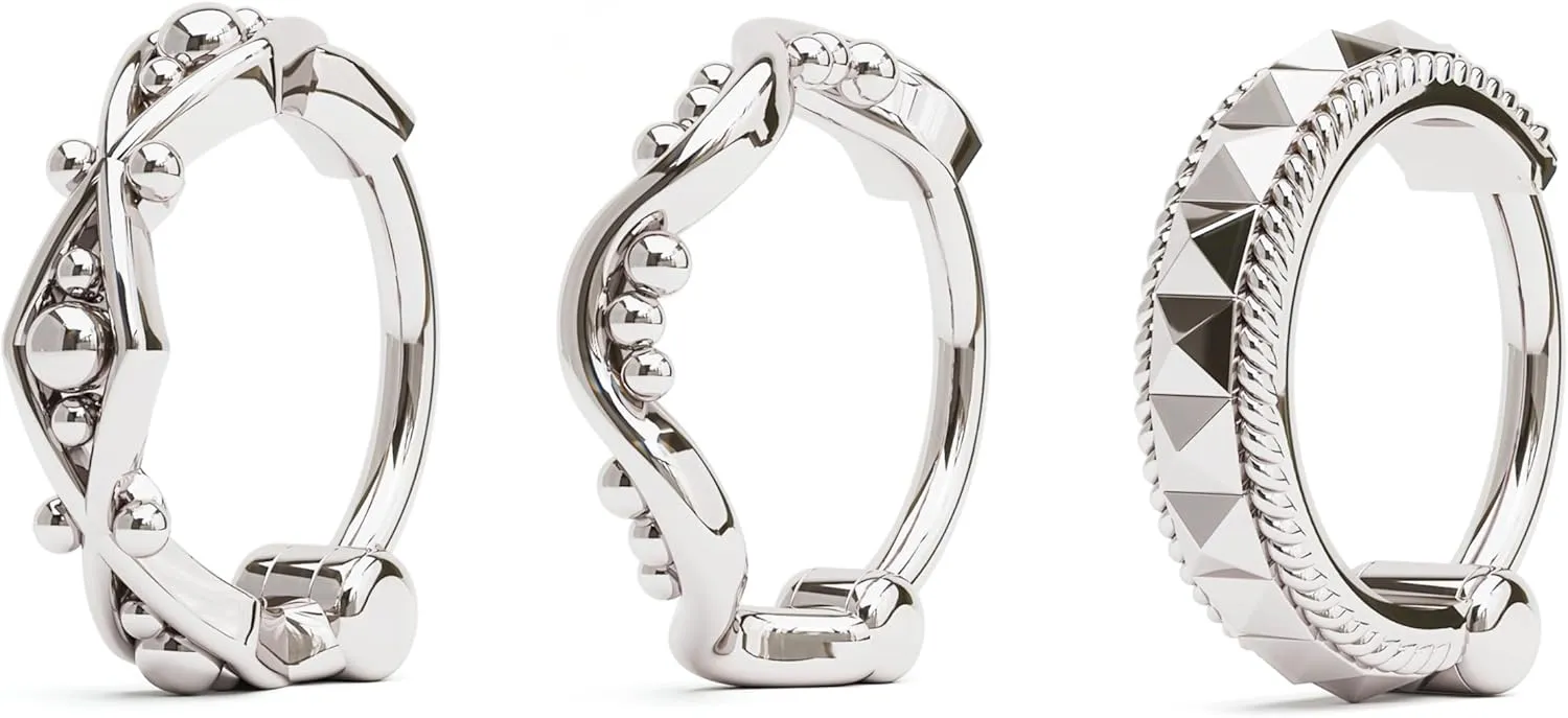 Sterling Silver Geometric Cartilage Hoops Set of 3, Nostril Piercing Jewelry, Pyramic Cartilage Helix Earring, Unique Granule Nose Rings, Gift Bundle