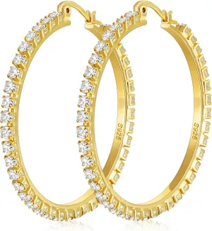 Sterling Silver Rhinestone Hoops Earrings for Women Earrings Hypoallergenic Cubic Zirconia Hoop Earring Lightweight Thin Round Hoops Jewelry Gifts 20/30/40/50/60mm