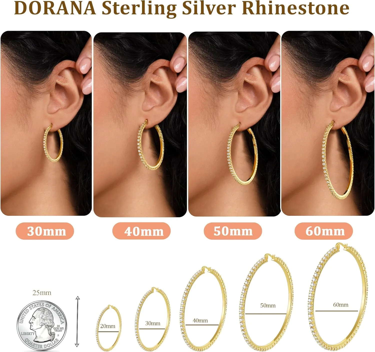 Sterling Silver Rhinestone Hoops Earrings for Women Earrings Hypoallergenic Cubic Zirconia Hoop Earring Lightweight Thin Round Hoops Jewelry Gifts 20/30/40/50/60mm