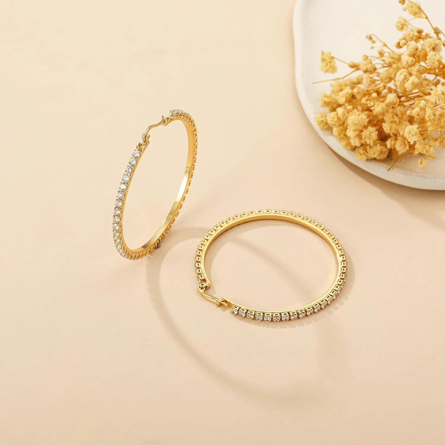 Sterling Silver Rhinestone Hoops Earrings for Women Earrings Hypoallergenic Cubic Zirconia Hoop Earring Lightweight Thin Round Hoops Jewelry Gifts 20/30/40/50/60mm