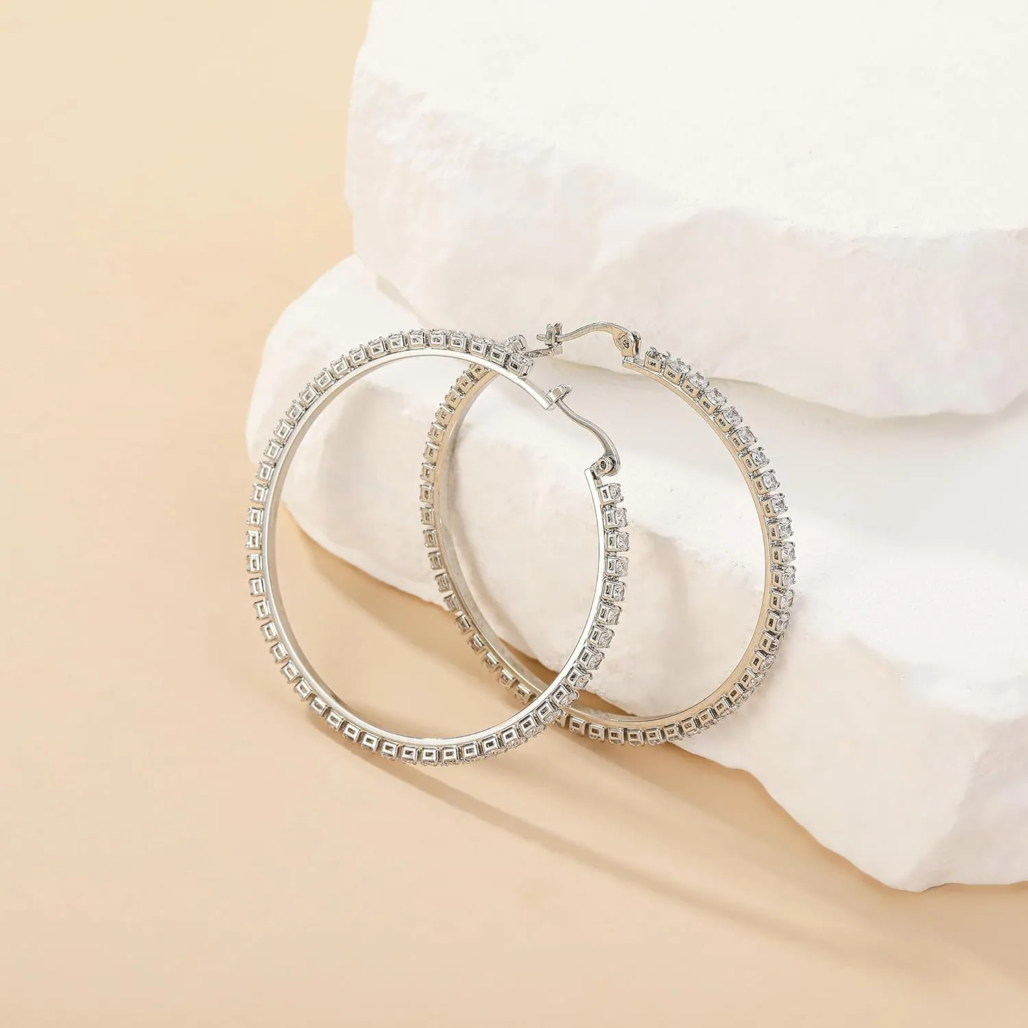 Sterling Silver Rhinestone Hoops Earrings for Women Earrings Hypoallergenic Cubic Zirconia Hoop Earring Lightweight Thin Round Hoops Jewelry Gifts 20/30/40/50/60mm