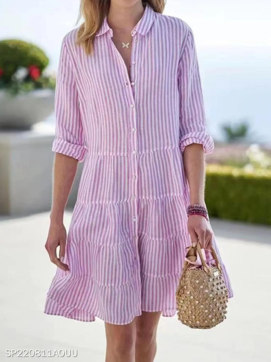 Striped Dress for Women Long Sleeve Lapel Neck Shirt Midi Dresses Summer Casual Loose Button Down A Line Dresses