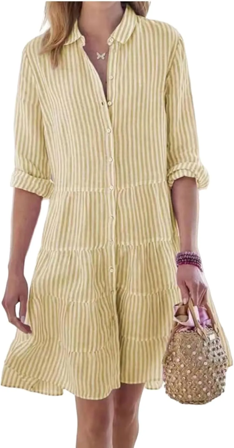 Striped Dress for Women Long Sleeve Lapel Neck Shirt Midi Dresses Summer Casual Loose Button Down A Line Dresses