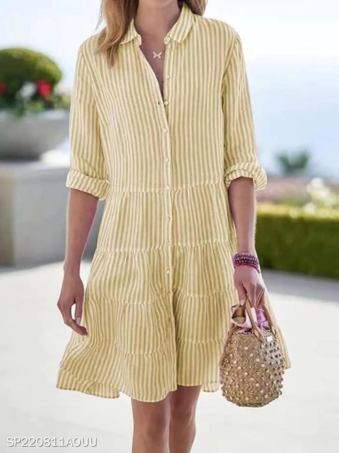 Striped Dress for Women Long Sleeve Lapel Neck Shirt Midi Dresses Summer Casual Loose Button Down A Line Dresses