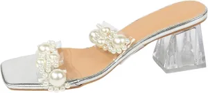SuanlaTDS Chunky Heels Sandals for Women Dressy 2025 Clear Block Heeled Pearls Square Open Toe Slides Slip-on Sexy Fashion Bride Wedding Party Dress Shoes Summer Low Heel Beach Slippers
