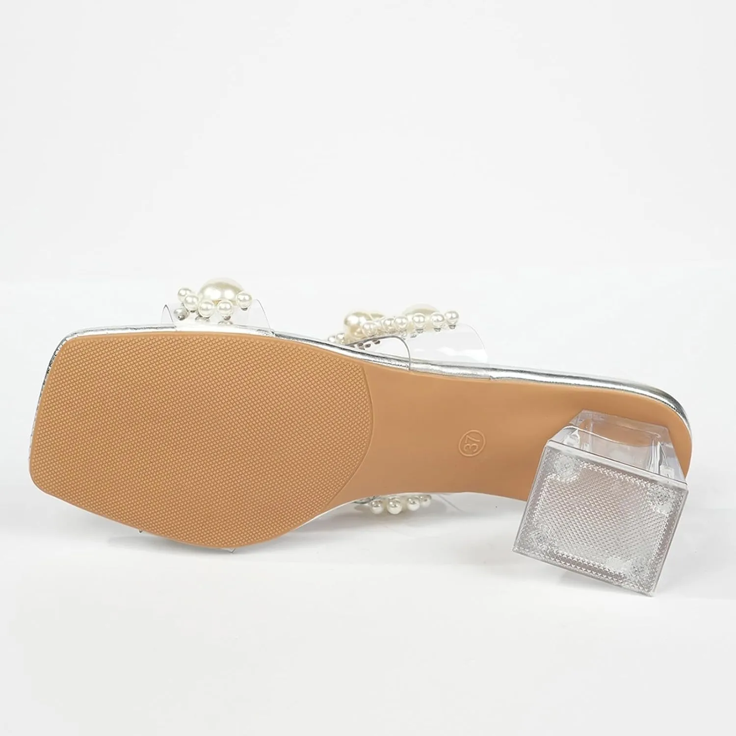 SuanlaTDS Chunky Heels Sandals for Women Dressy 2025 Clear Block Heeled Pearls Square Open Toe Slides Slip-on Sexy Fashion Bride Wedding Party Dress Shoes Summer Low Heel Beach Slippers