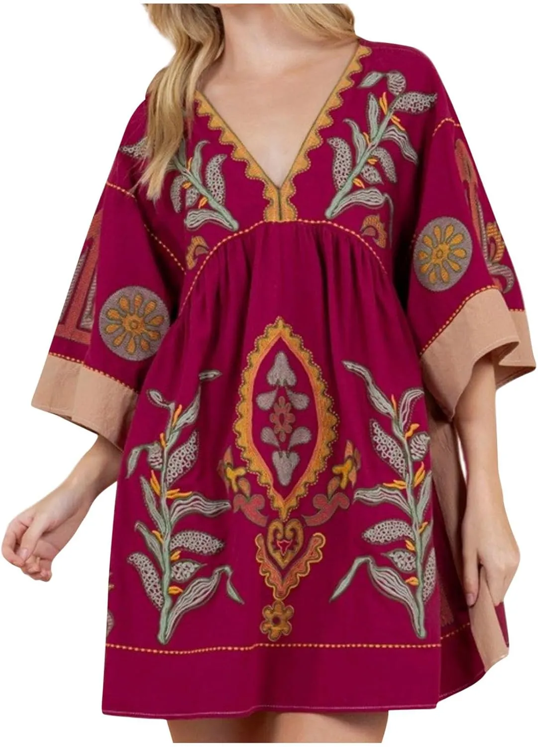 Summer Dresses for Women 2024,Long Sleeve V Neck Boho Dresses Flowy Short Dress Fashion Mini Dress