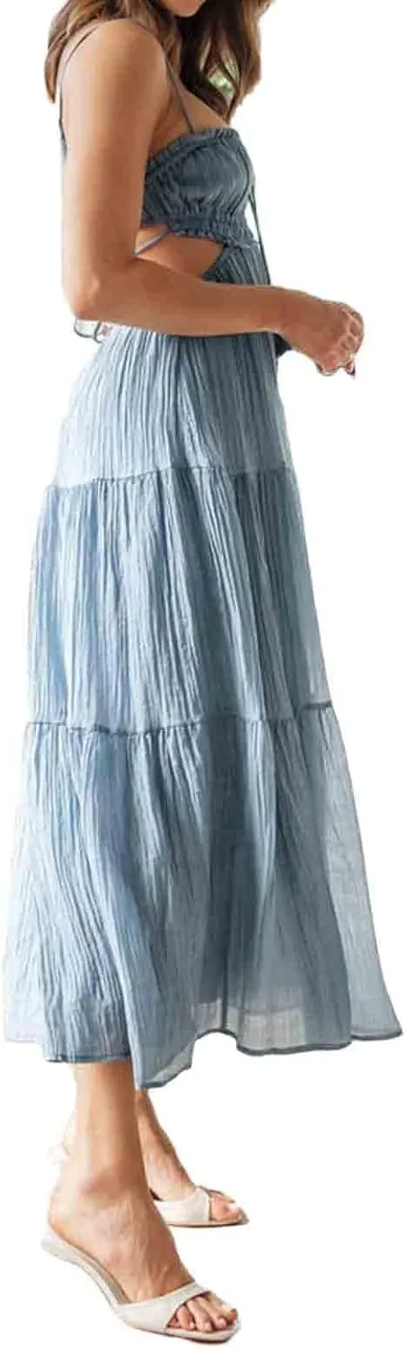 Summer Going Out Floral Swing Boho Maxi Dress Women Casual Sleeveless Loose A-line Ruffle Long Beach Dress
