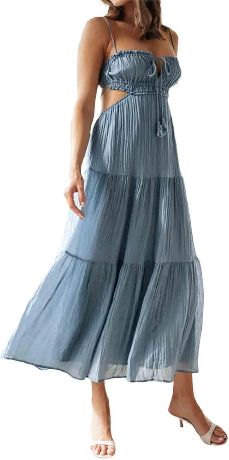 Summer Going Out Floral Swing Boho Maxi Dress Women Casual Sleeveless Loose A-line Ruffle Long Beach Dress