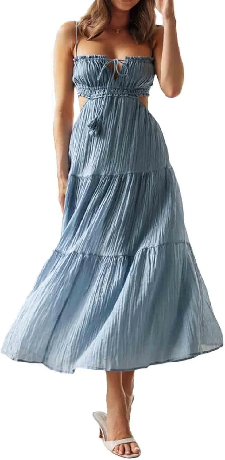 Summer Going Out Floral Swing Boho Maxi Dress Women Casual Sleeveless Loose A-line Ruffle Long Beach Dress