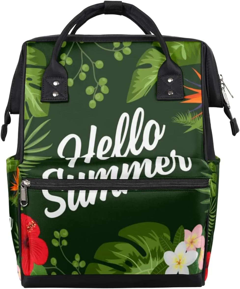 Summer Tropical Leaves Flowers Diaper Bag Tote Large Capacity Waterproof with Adjustable Shoulder Strap and Pram Straps Mommy Bag for Hospital Beach Weekender Travel