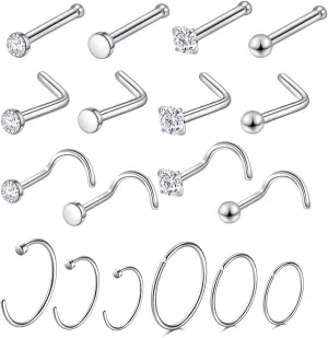 Surgical Steel Nose Piercing Jewelry - 20G & 18G Nose Rings & Studs, Hoops 8mm-12mm, CZ Diamond 1.5mm-3mm, L-Shaped & Hoop Styles for Women & Men