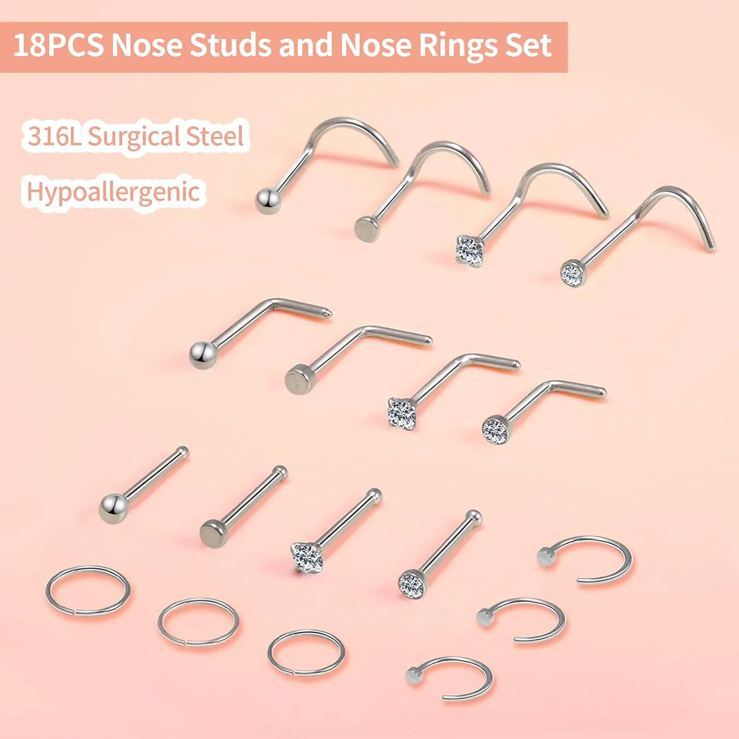 Surgical Steel Nose Piercing Jewelry - 20G & 18G Nose Rings & Studs, Hoops 8mm-12mm, CZ Diamond 1.5mm-3mm, L-Shaped & Hoop Styles for Women & Men