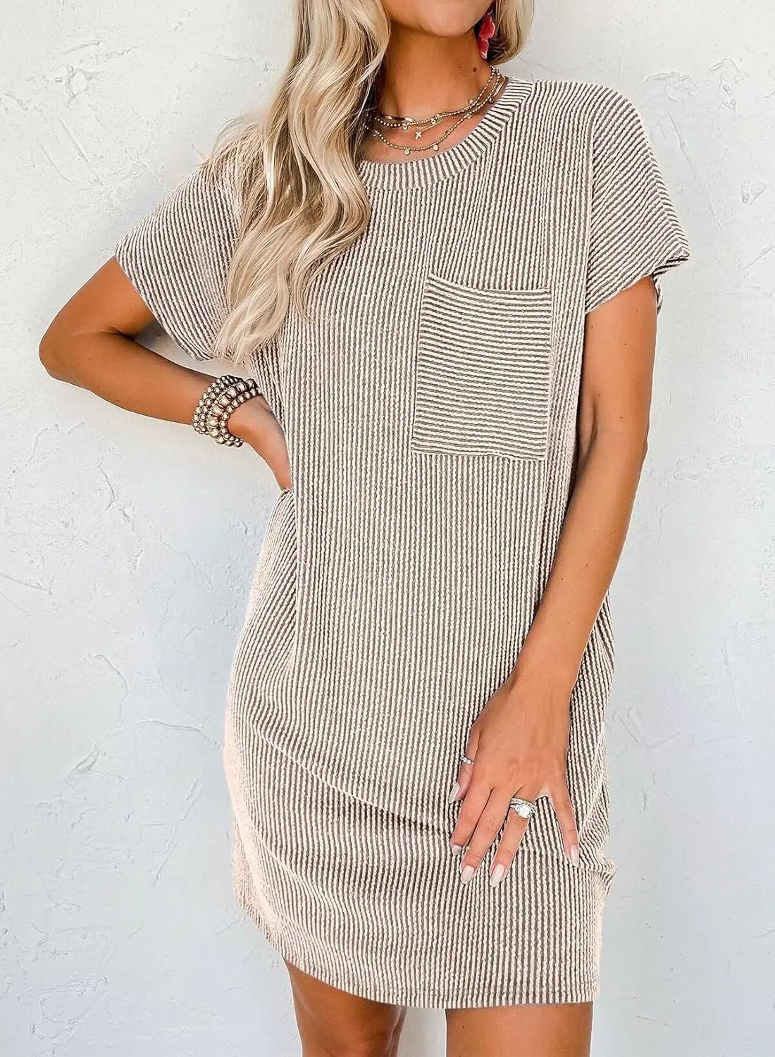 T Shirt Dress for Women Casual Ribbed Mini Tshirt Dress Crewneck Short Sleeve Striped Textured Dresses Fashion Dresses