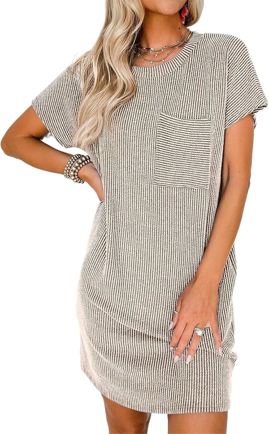 T Shirt Dress for Women Casual Ribbed Mini Tshirt Dress Crewneck Short Sleeve Striped Textured Dresses Fashion Dresses