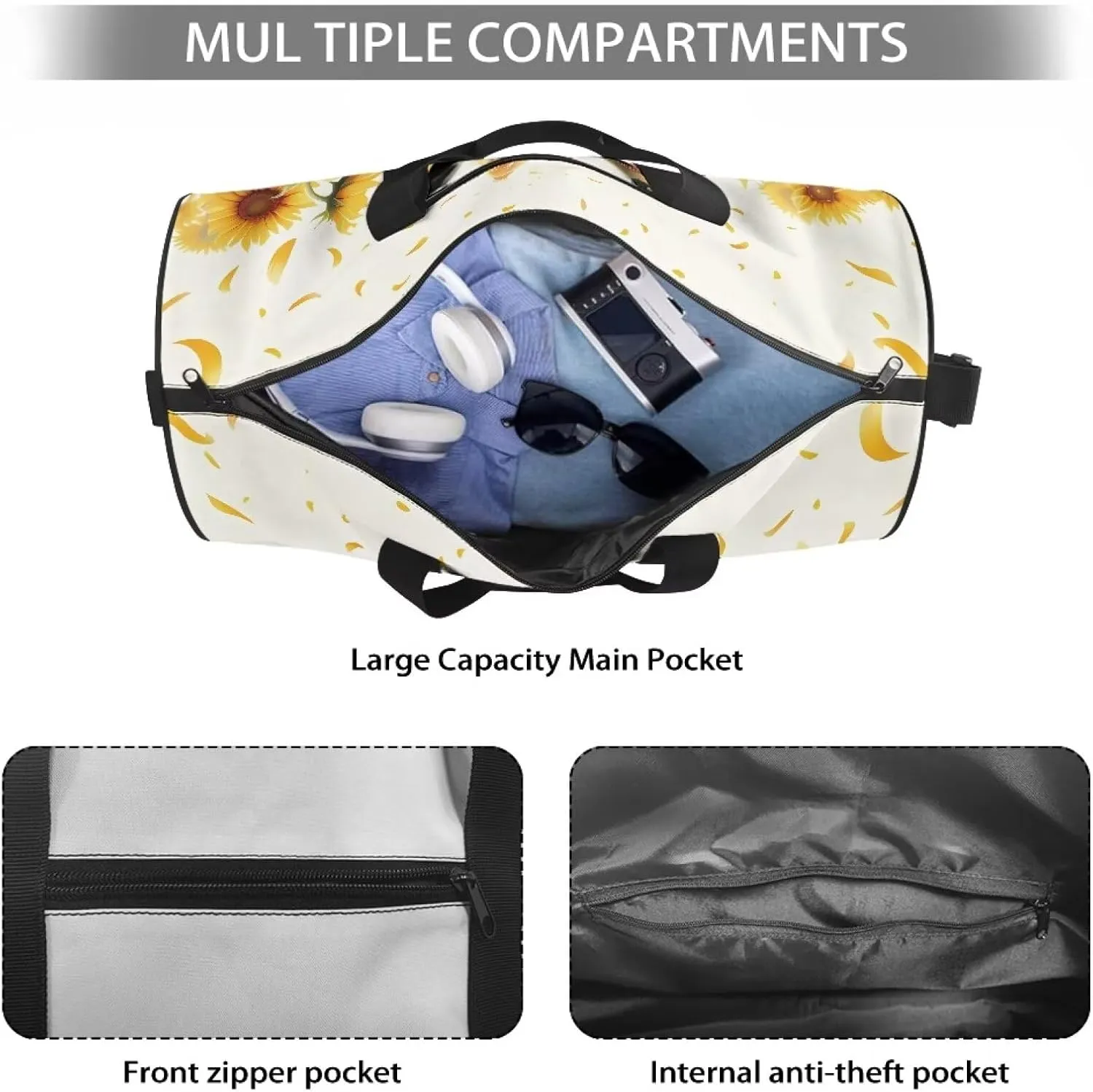 Talayituse Cat Sunflower Print Gym Bag for Women Duffel Bag Waterproof Weekender Bag with Front Zipper Pocket Lightweight Shoulder Bag Portable Croosbody Bag Swim Bag for Soccer Football Baseball