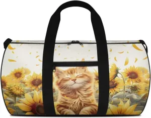 Talayituse Cat Sunflower Print Gym Bag for Women Duffel Bag Waterproof Weekender Bag with Front Zipper Pocket Lightweight Shoulder Bag Portable Croosbody Bag Swim Bag for Soccer Football Baseball