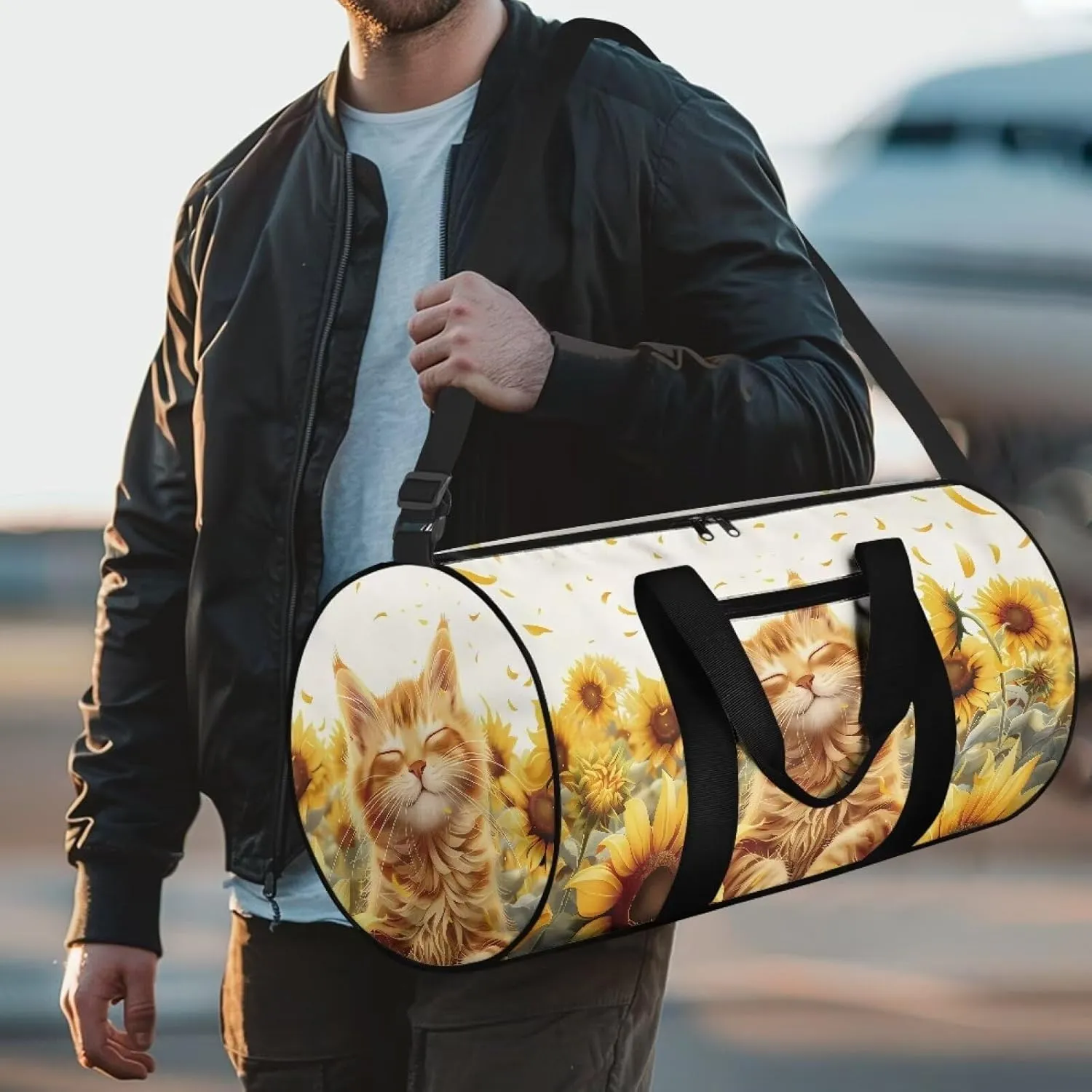 Talayituse Cat Sunflower Print Gym Bag for Women Duffel Bag Waterproof Weekender Bag with Front Zipper Pocket Lightweight Shoulder Bag Portable Croosbody Bag Swim Bag for Soccer Football Baseball