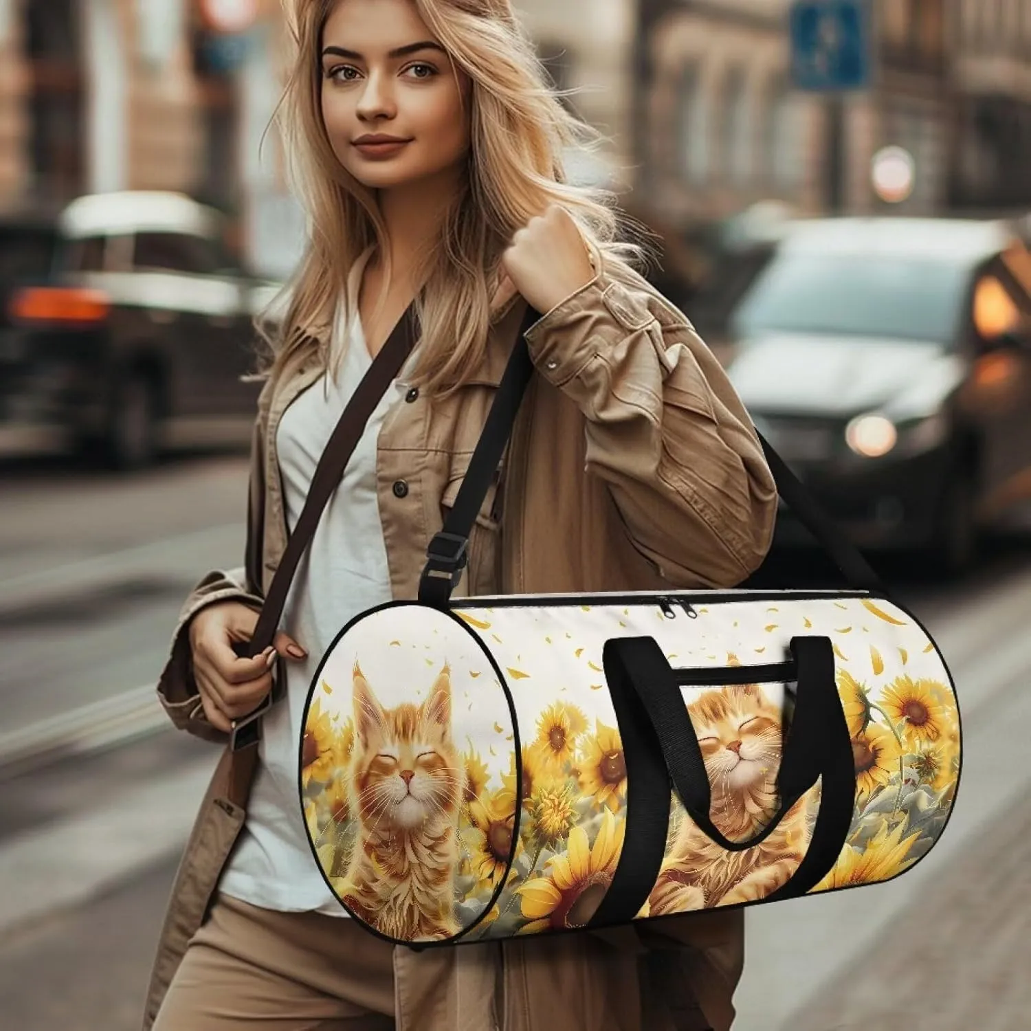 Talayituse Cat Sunflower Print Gym Bag for Women Duffel Bag Waterproof Weekender Bag with Front Zipper Pocket Lightweight Shoulder Bag Portable Croosbody Bag Swim Bag for Soccer Football Baseball