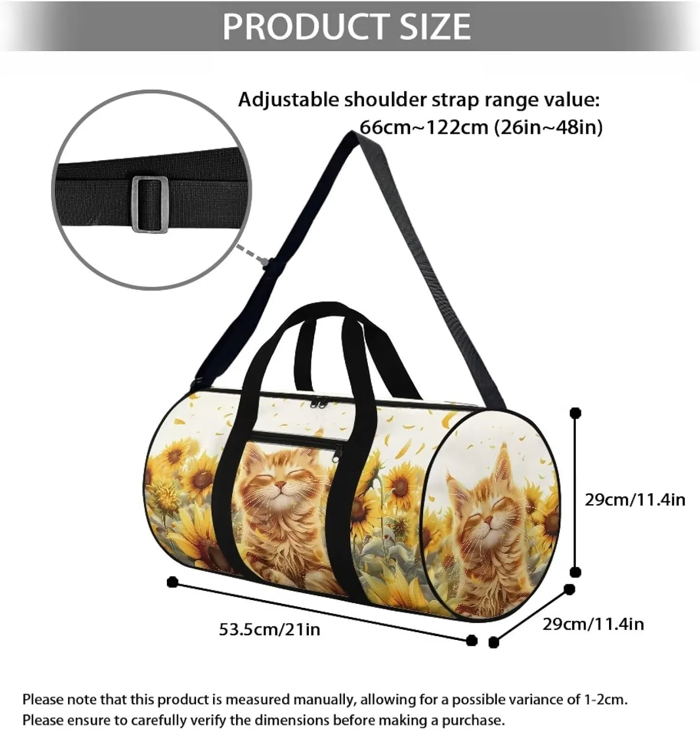 Talayituse Cat Sunflower Print Gym Bag for Women Duffel Bag Waterproof Weekender Bag with Front Zipper Pocket Lightweight Shoulder Bag Portable Croosbody Bag Swim Bag for Soccer Football Baseball