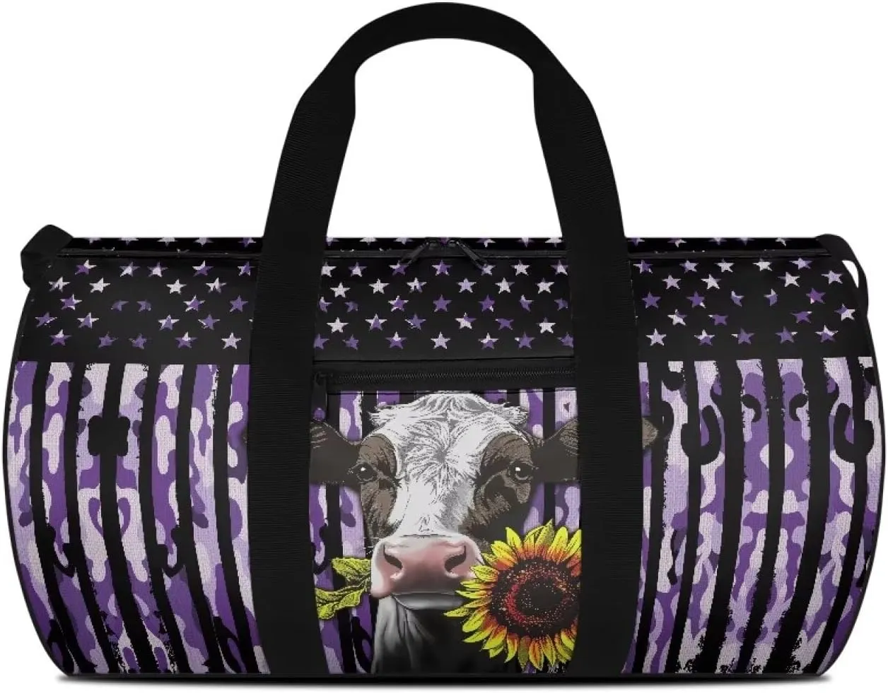 Talayituse Cow Sunflower Print Gym Bag for Men Women Camouflage American Flag Pattern Duffel Bag Zipper Gym Duffel Bag Portable Gym Yoga Bag Overnight Weekender Bag with Front Pocket and Inner Pocket