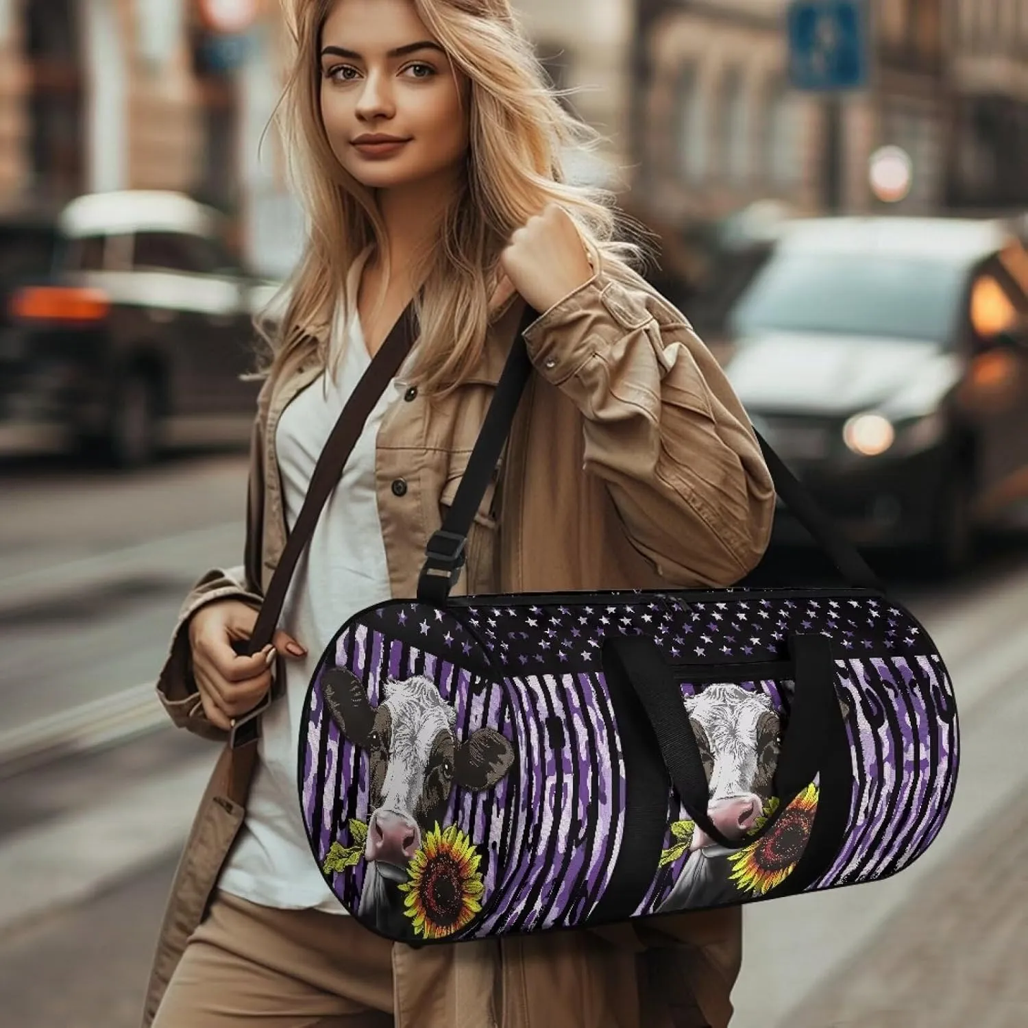 Talayituse Cow Sunflower Print Gym Bag for Men Women Camouflage American Flag Pattern Duffel Bag Zipper Gym Duffel Bag Portable Gym Yoga Bag Overnight Weekender Bag with Front Pocket and Inner Pocket