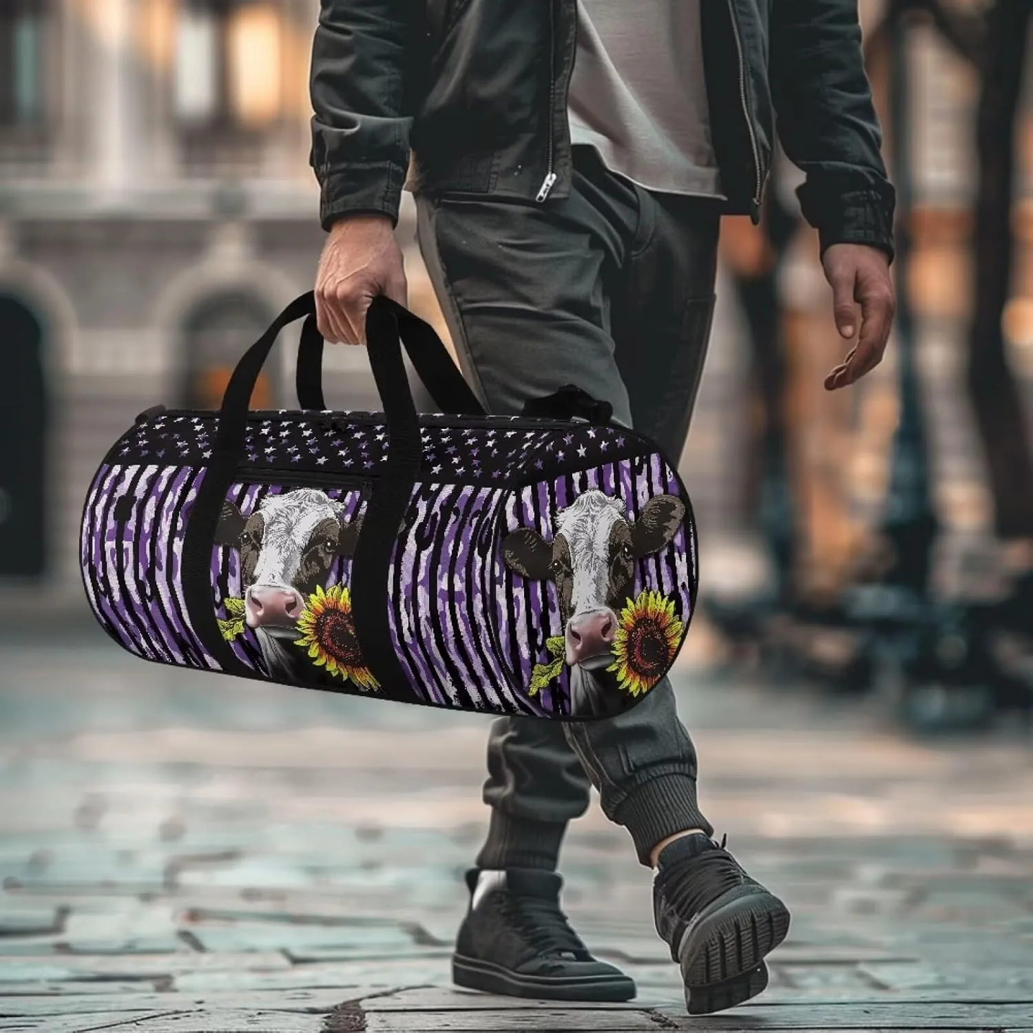 Talayituse Cow Sunflower Print Gym Bag for Men Women Camouflage American Flag Pattern Duffel Bag Zipper Gym Duffel Bag Portable Gym Yoga Bag Overnight Weekender Bag with Front Pocket and Inner Pocket