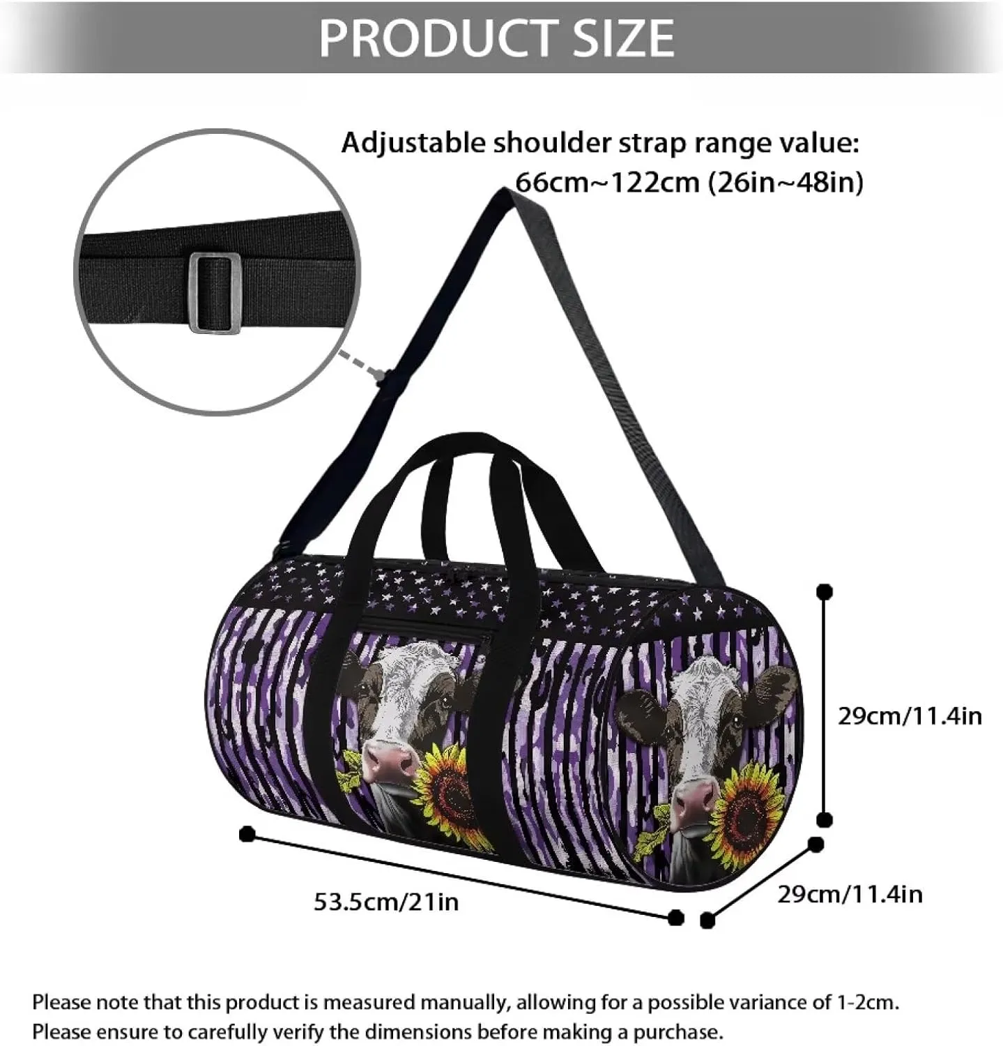 Talayituse Cow Sunflower Print Gym Bag for Men Women Camouflage American Flag Pattern Duffel Bag Zipper Gym Duffel Bag Portable Gym Yoga Bag Overnight Weekender Bag with Front Pocket and Inner Pocket