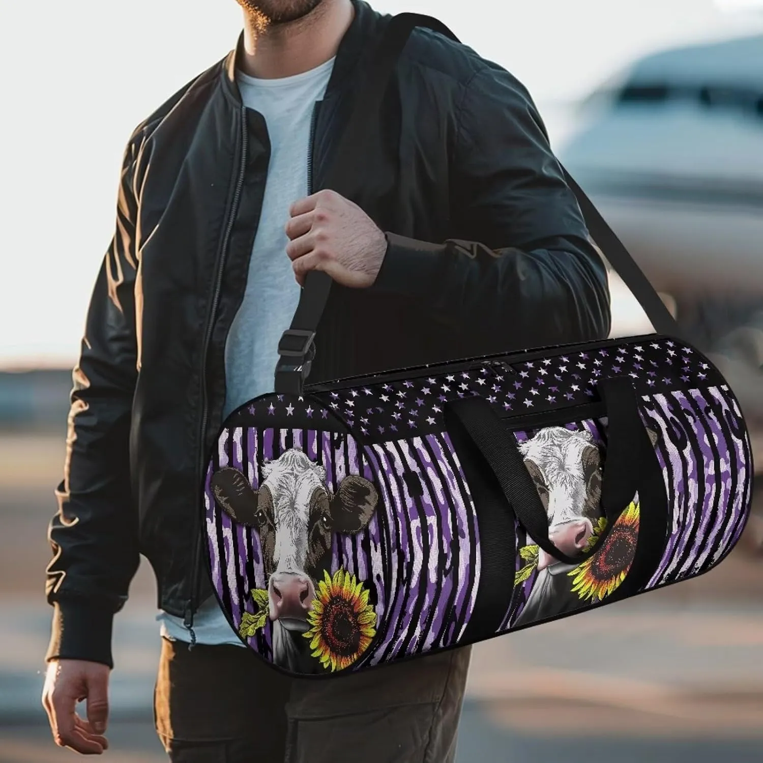Talayituse Cow Sunflower Print Gym Bag for Men Women Camouflage American Flag Pattern Duffel Bag Zipper Gym Duffel Bag Portable Gym Yoga Bag Overnight Weekender Bag with Front Pocket and Inner Pocket