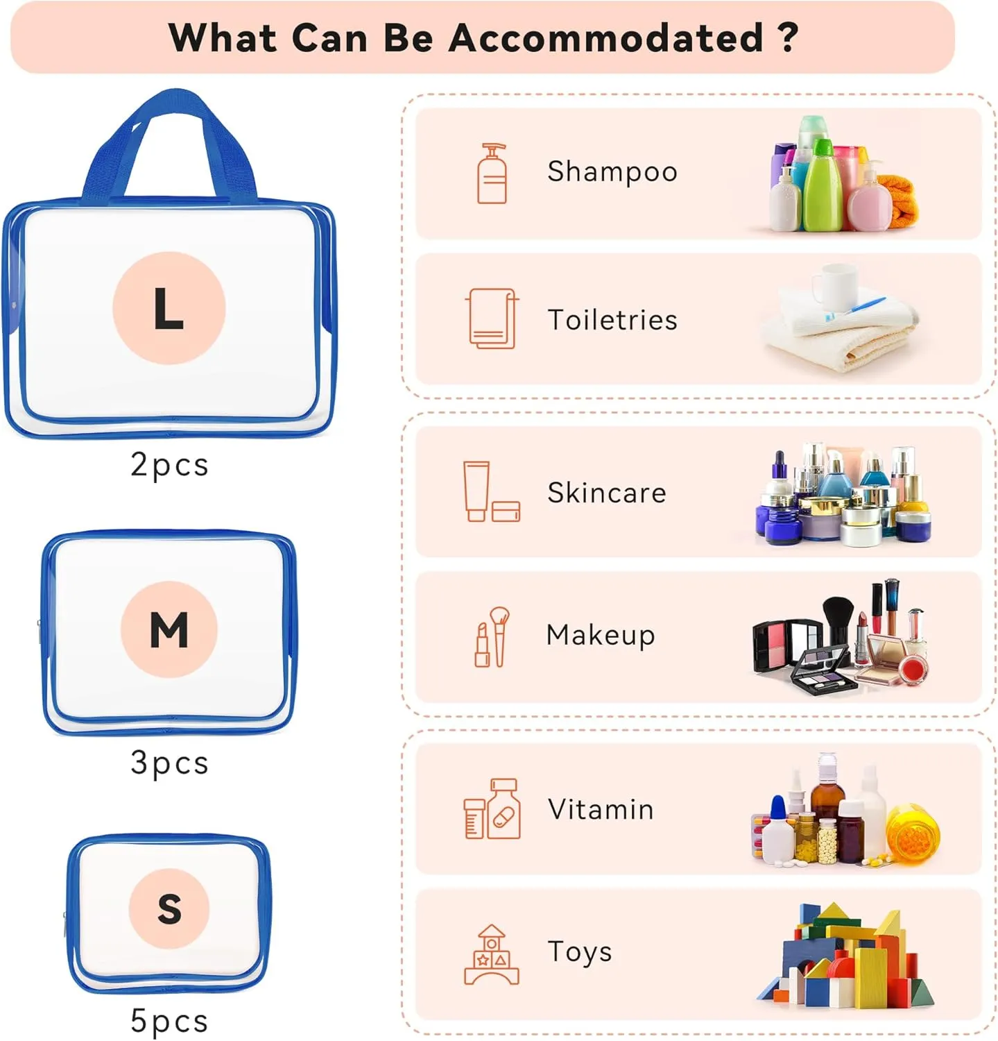 TISRATOK 10 PCS Clear Travel Makeup Toiletry Bag, Plastic PVC Cosmetic TSA Approved Organizer Kit with Zipper HandbagBlue