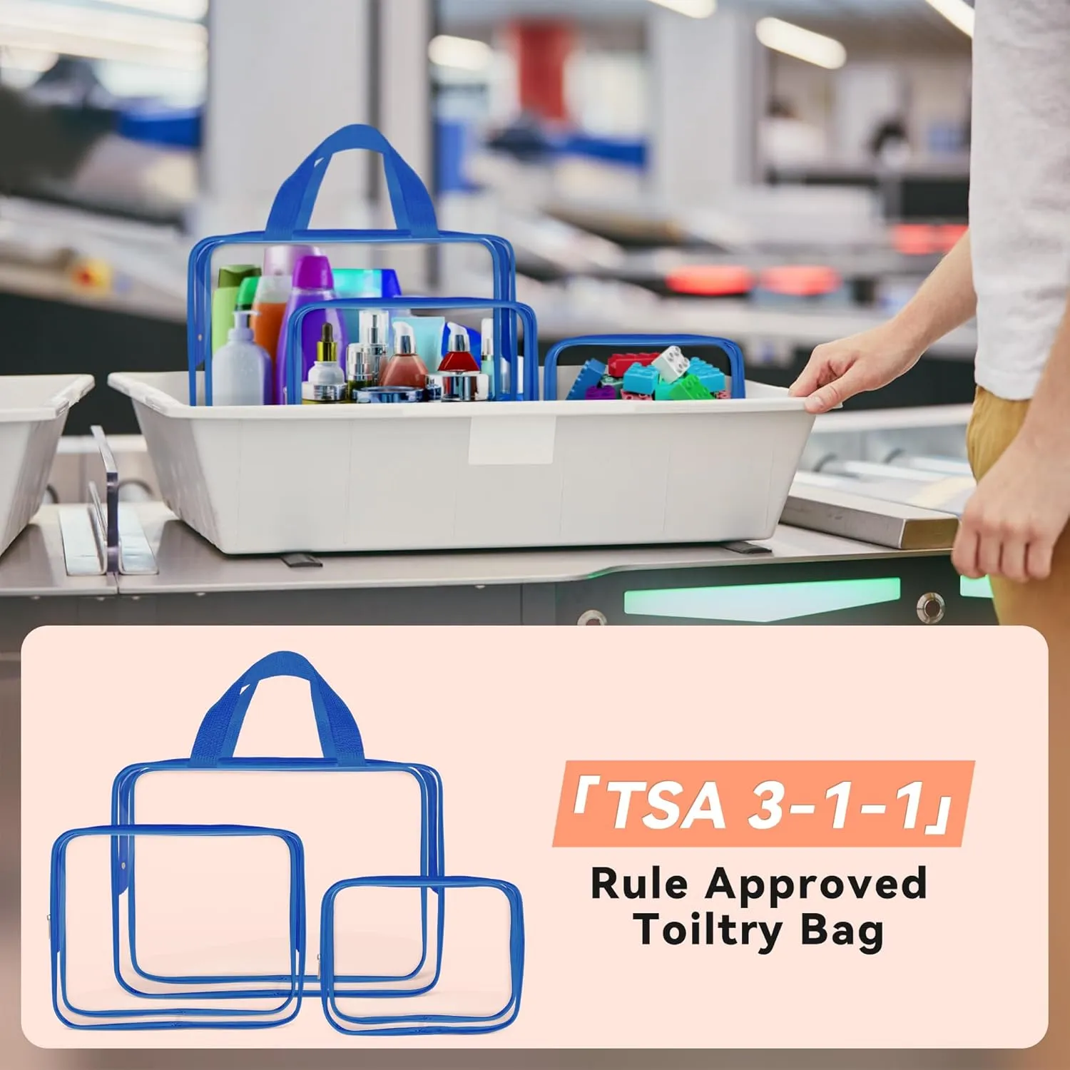 TISRATOK 10 PCS Clear Travel Makeup Toiletry Bag, Plastic PVC Cosmetic TSA Approved Organizer Kit with Zipper HandbagBlue