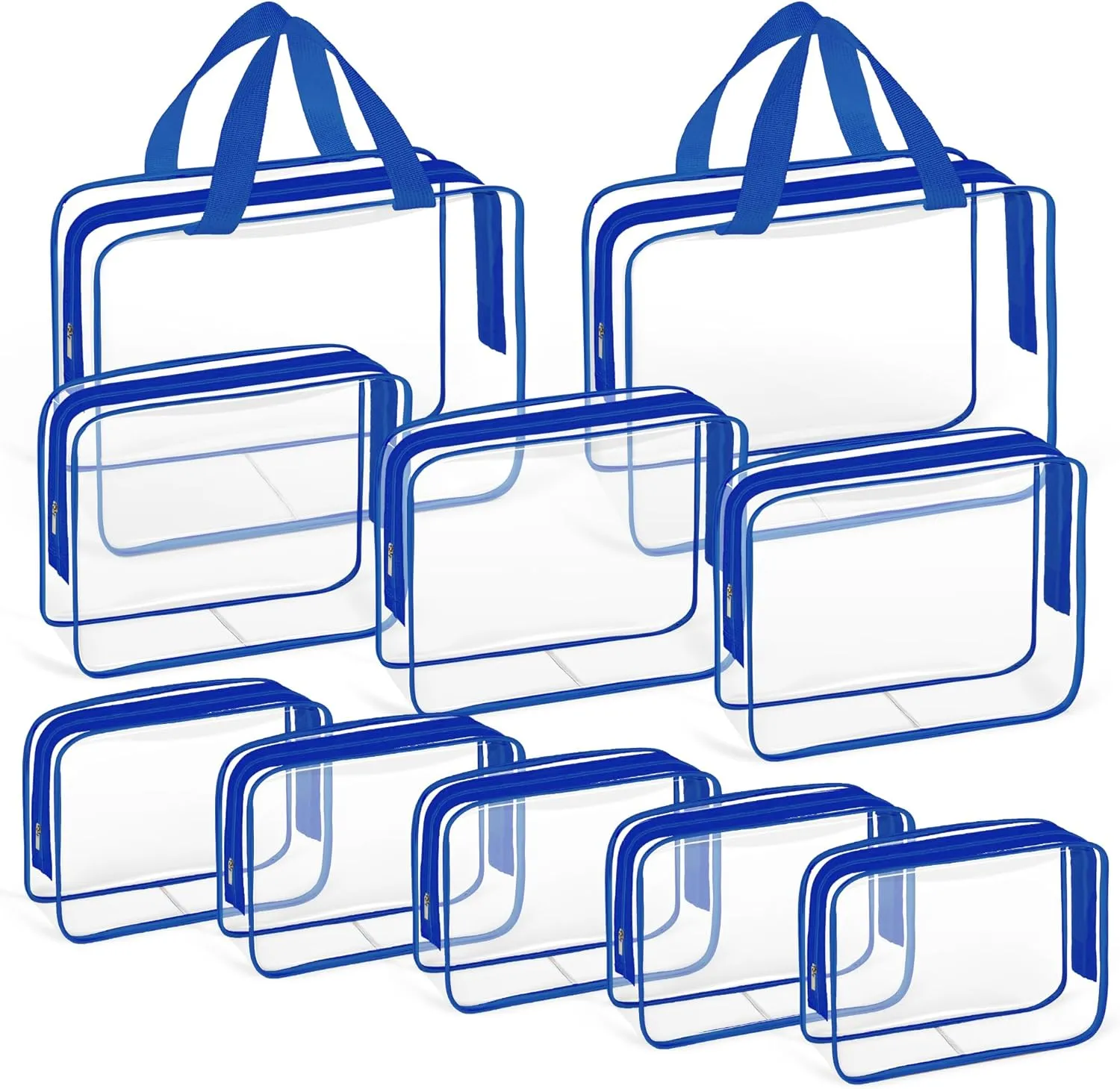 TISRATOK 10 PCS Clear Travel Makeup Toiletry Bag, Plastic PVC Cosmetic TSA Approved Organizer Kit with Zipper HandbagBlue