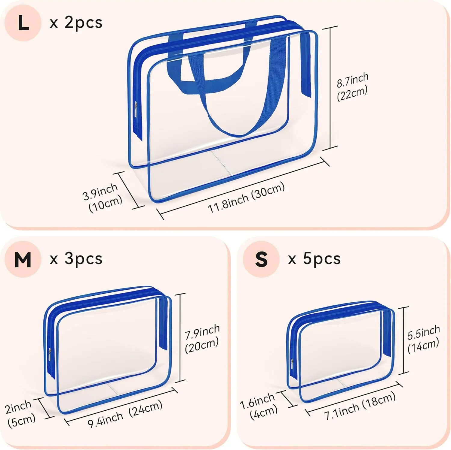 TISRATOK 10 PCS Clear Travel Makeup Toiletry Bag, Plastic PVC Cosmetic TSA Approved Organizer Kit with Zipper HandbagBlue