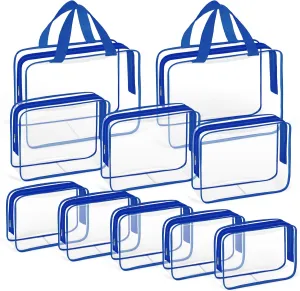 TISRATOK 10 PCS Clear Travel Makeup Toiletry Bag, Plastic PVC Cosmetic TSA Approved Organizer Kit with Zipper HandbagBlue