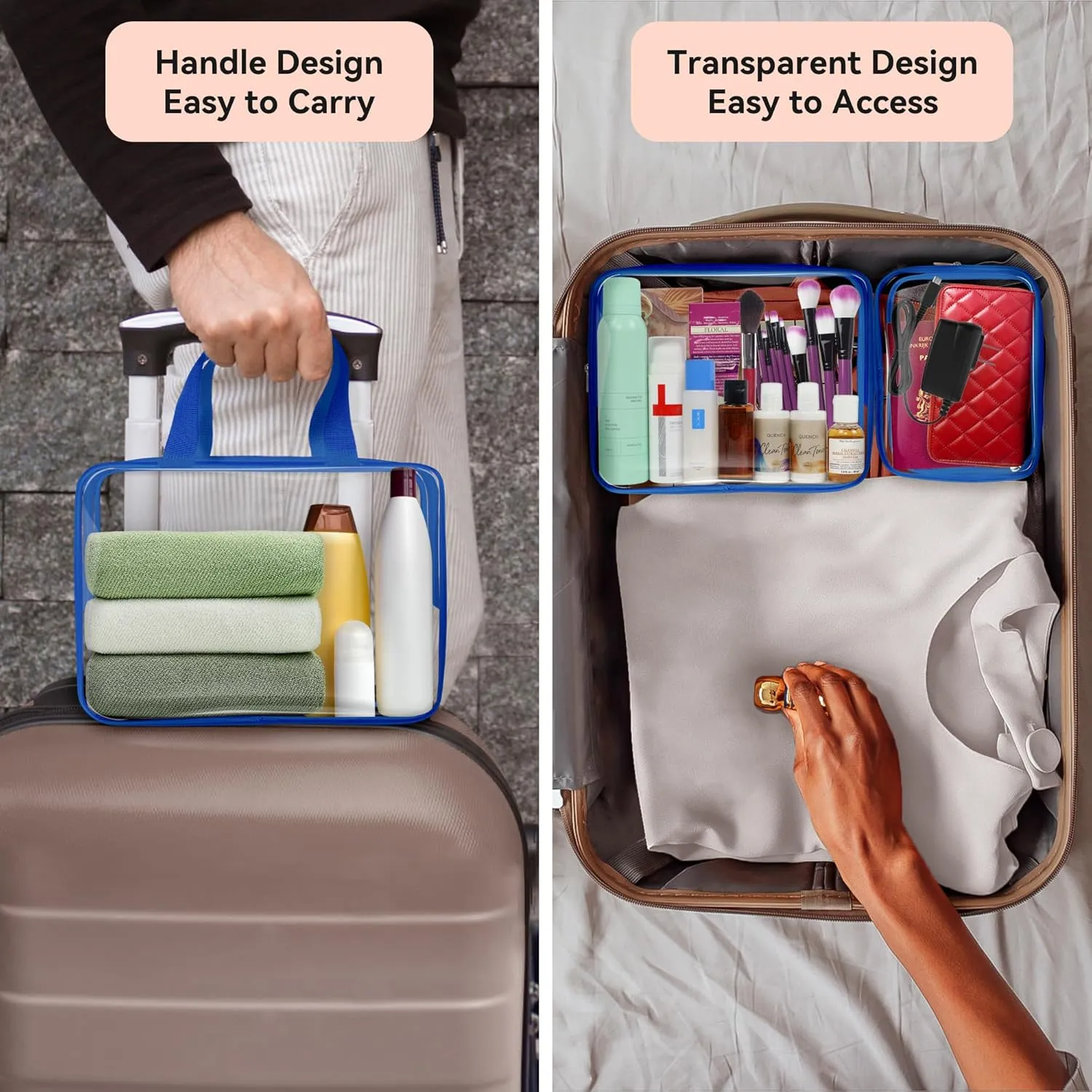 TISRATOK 10 PCS Clear Travel Makeup Toiletry Bag, Plastic PVC Cosmetic TSA Approved Organizer Kit with Zipper HandbagBlue