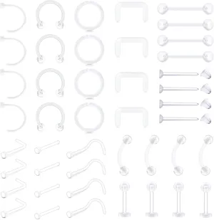 TOKRING Clear Nose Rings Studs Piercing Set Septum Lip Cartilage Tongue Rook Daith Ear Industrial Nipple Belly Piercing Jewelry for Work Surgery
