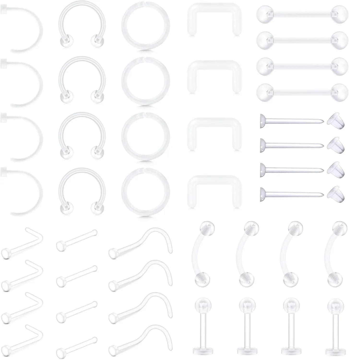 TOKRING Clear Nose Rings Studs Piercing Set Septum Lip Cartilage Tongue Rook Daith Ear Industrial Nipple Belly Piercing Jewelry for Work Surgery