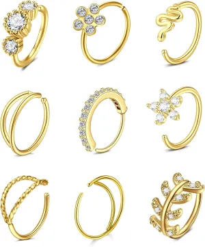 TOKRING Nose Rings Hoops 20g Nose Piercing Jewelry Surgical Steel Gold Earrings Paved Flower Leaf Feather CZ Cartilage Earrings for Women Men 8mm Gold
