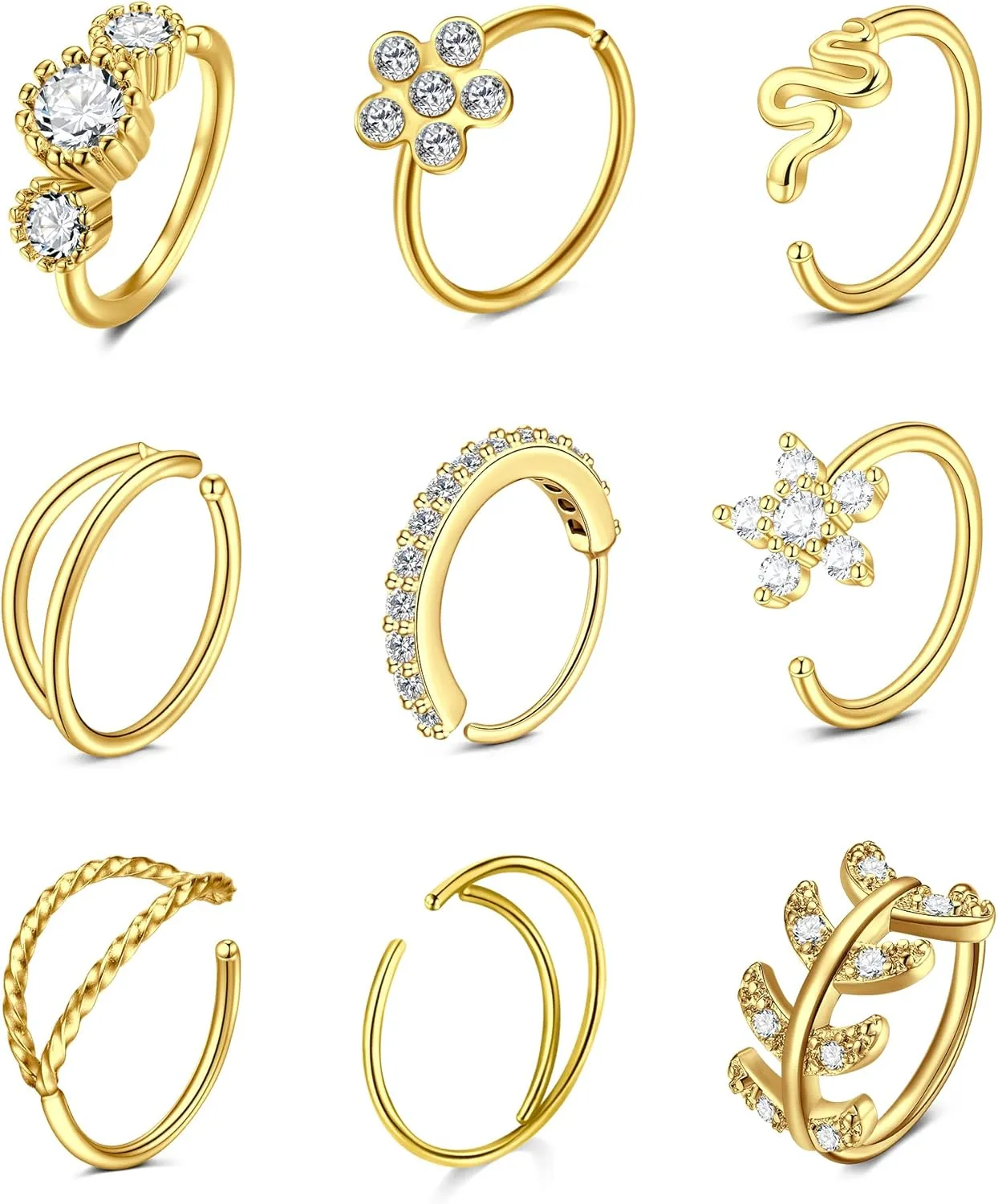TOKRING Nose Rings Hoops 20g Nose Piercing Jewelry Surgical Steel Gold Earrings Paved Flower Leaf Feather CZ Cartilage Earrings for Women Men 8mm Gold