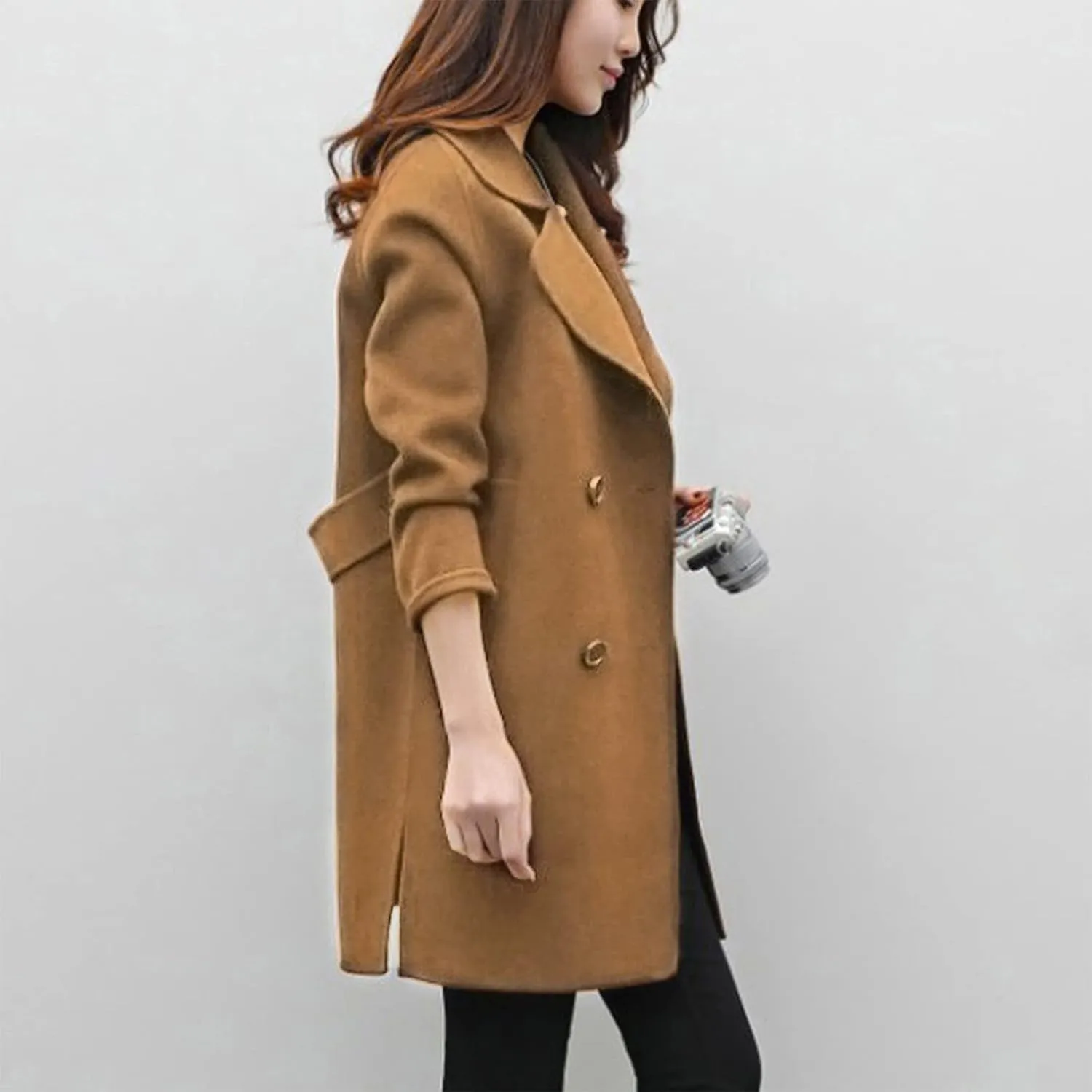 Trench Coats for Women Wool Blend Double Breasted Notched Lapel Collar Pea Coat Side Split Business Casual Outerwear