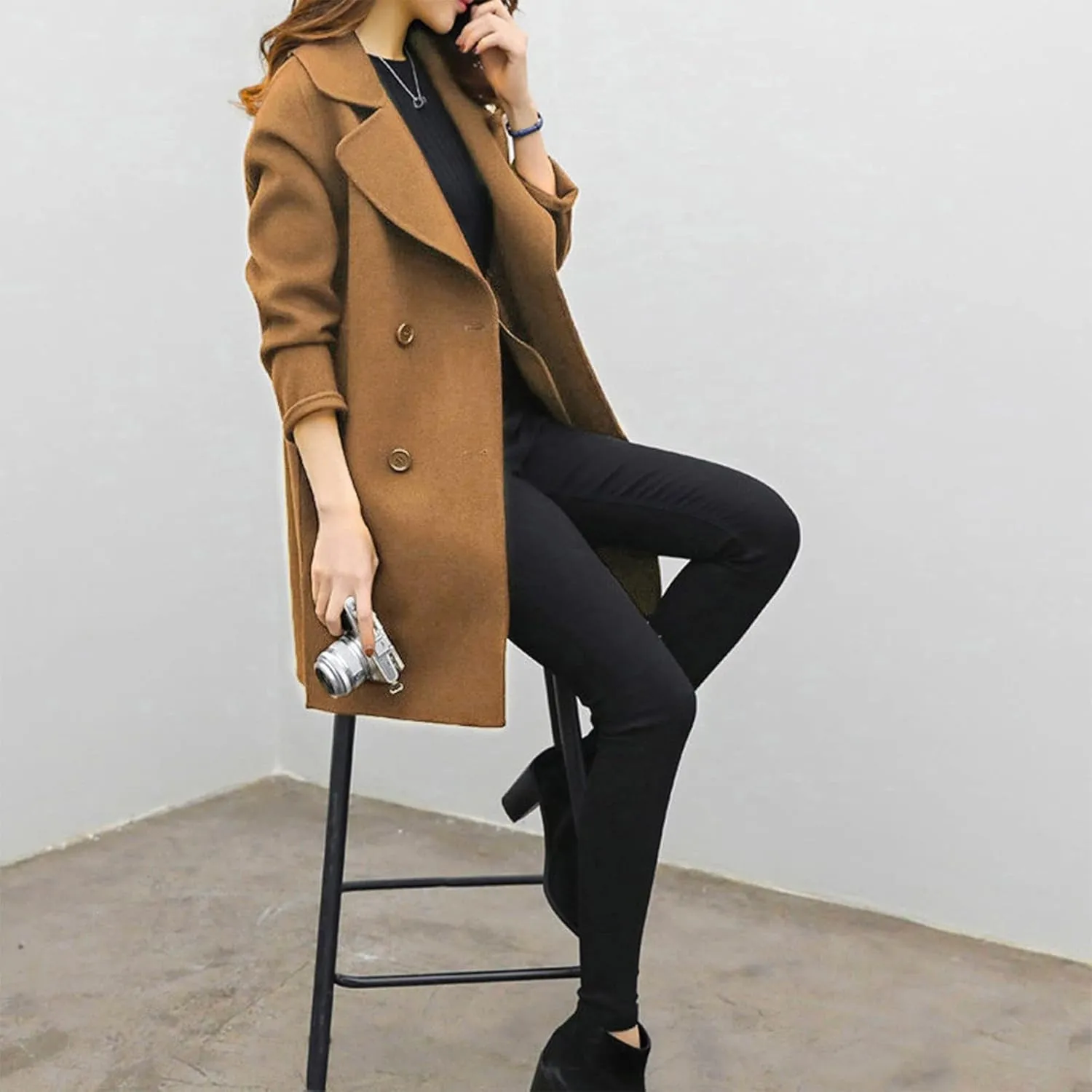 Trench Coats for Women Wool Blend Double Breasted Notched Lapel Collar Pea Coat Side Split Business Casual Outerwear