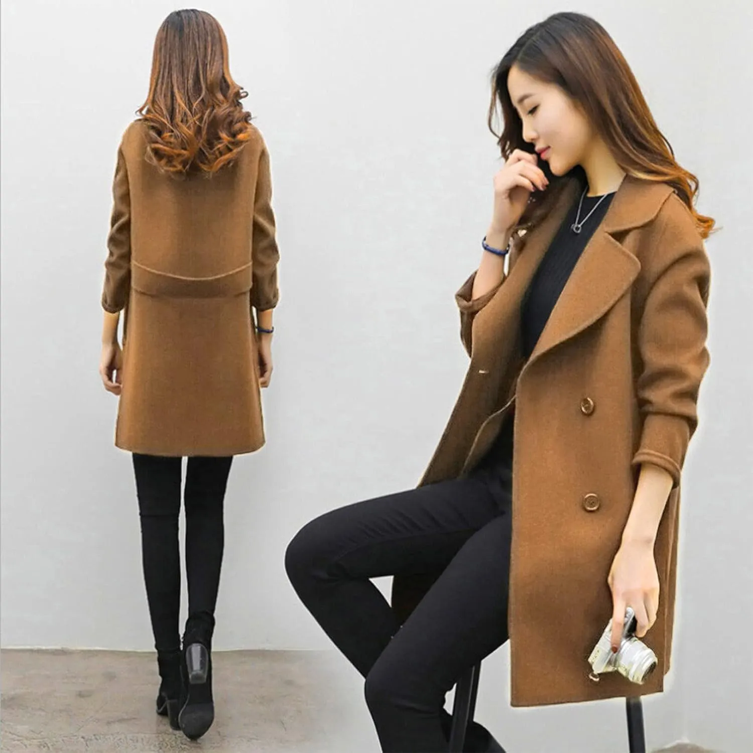 Trench Coats for Women Wool Blend Double Breasted Notched Lapel Collar Pea Coat Side Split Business Casual Outerwear