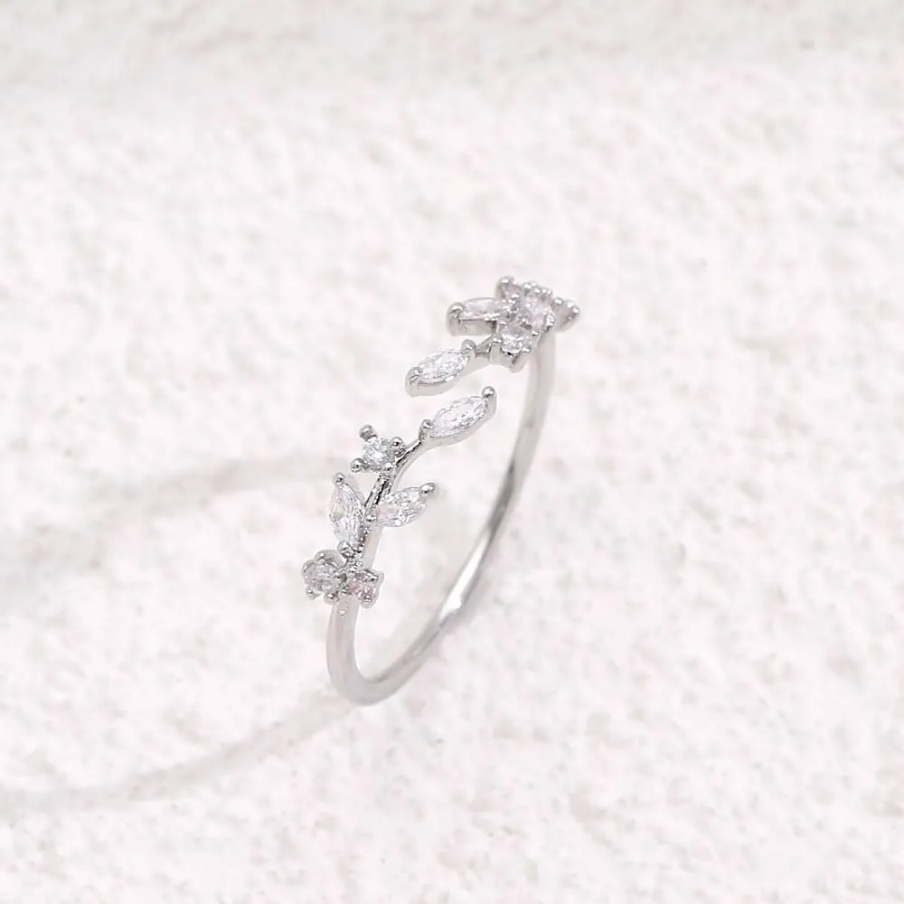 Trendy Open Leaf Ring for Women, Branch Leaves Band Stacking Finger Ring, 14K Gold Cubic Zirconia Plated Open Ring