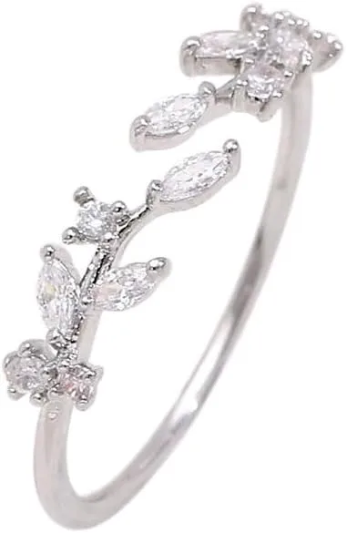 Trendy Open Leaf Ring for Women, Branch Leaves Band Stacking Finger Ring, 14K Gold Cubic Zirconia Plated Open Ring